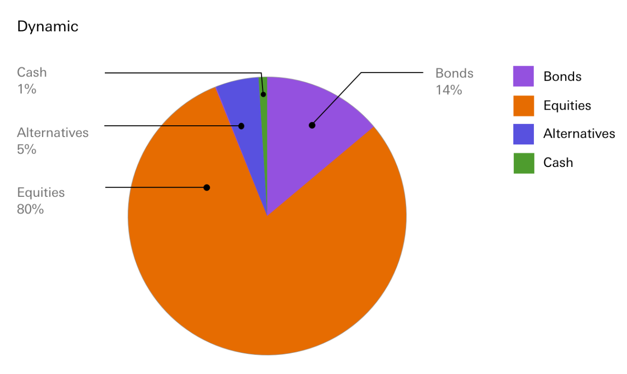 Bonds 14%, Equities 80%, Alternatives 5% and Cash 1%. 